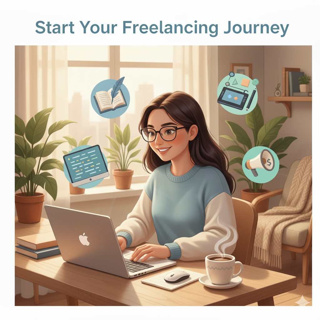 A young woman working on a laptop in a cozy home office, surrounded by illustrated icons representing freelance skills such as writing, coding, graphic design, and digital marketing, with the heading “Start Your Freelancing Journey.”